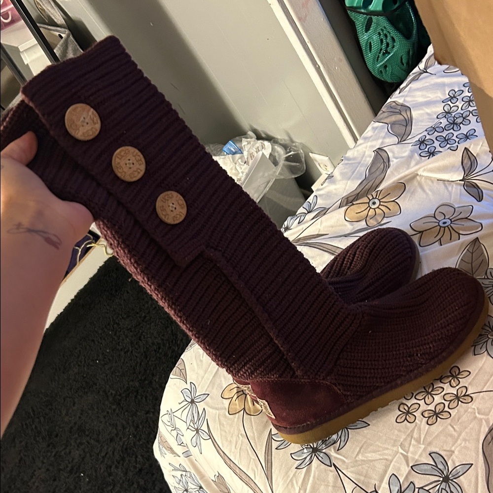 UGG Burgundy Knit Boots with Button Detail